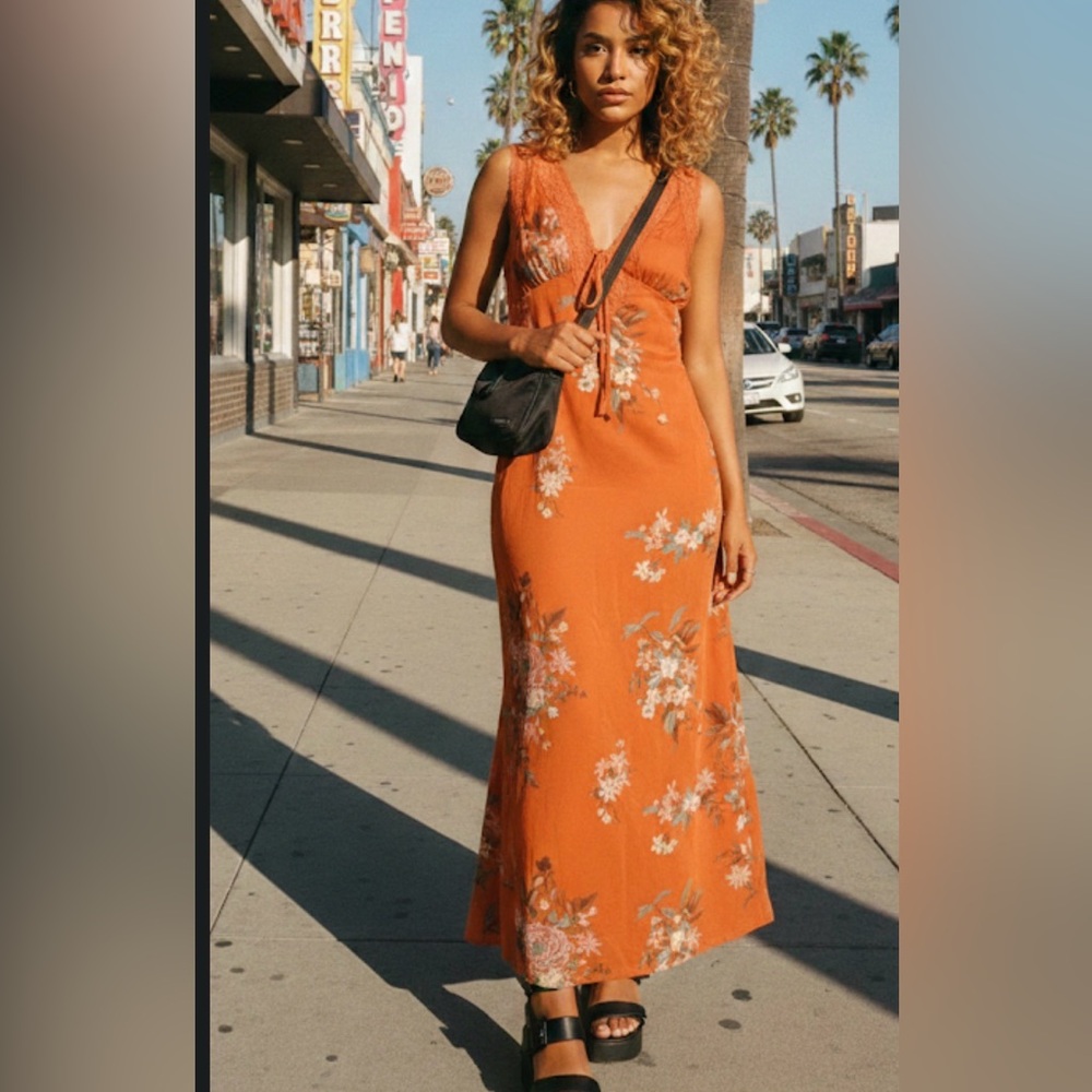 Floral Orange Lace-Trimmed Maxi Dress